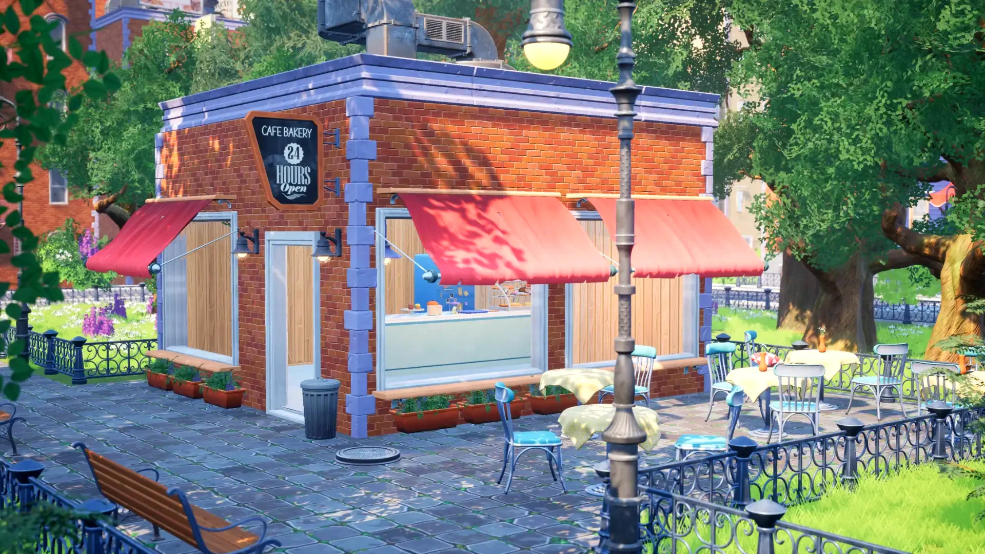 Stylized game-world view of The Cafe