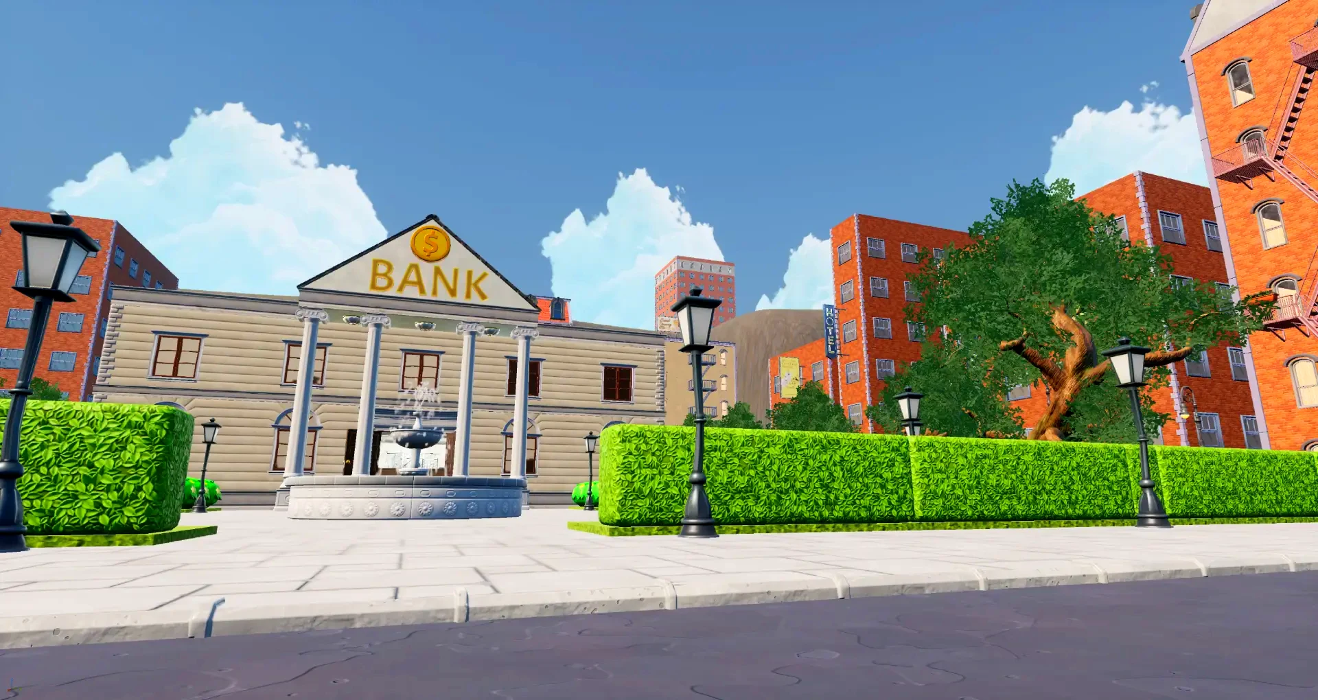 Stylized game-world view of Nexus Bank