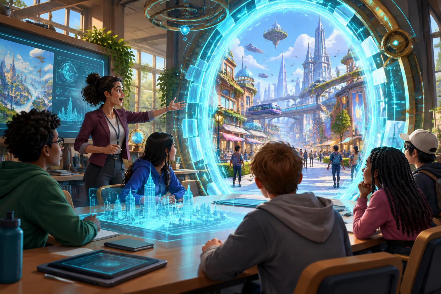 Students entering a curriculum scenario through a glowing Nexus City gateway