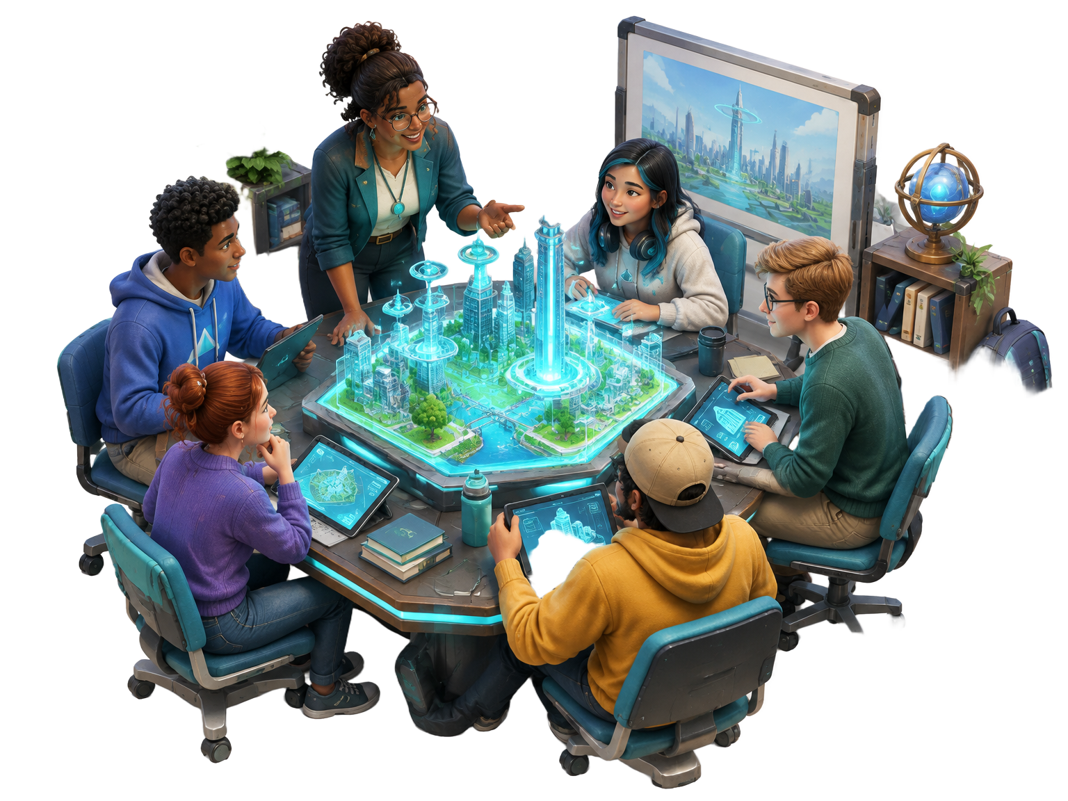 A teacher and students exploring a miniature Nexus City scenario