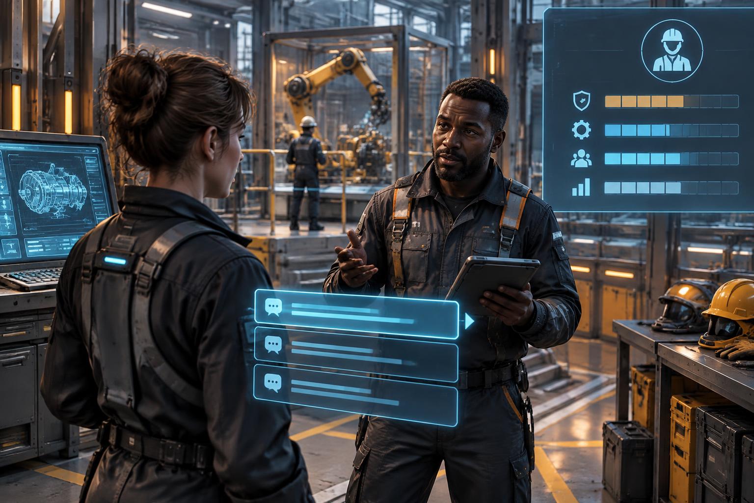 A trainee answering an in-game character while an individual evaluation dashboard records the response