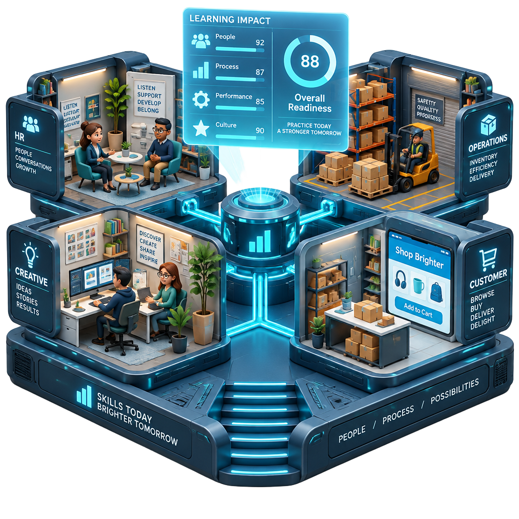 A private training world connected to organization-specific ethics, operations and business scenarios