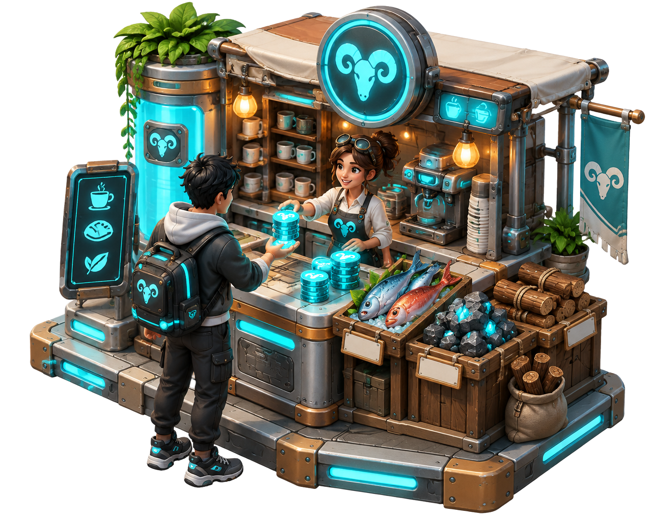 A RamQuest player selling fish, ore and wood at a futuristic market stall