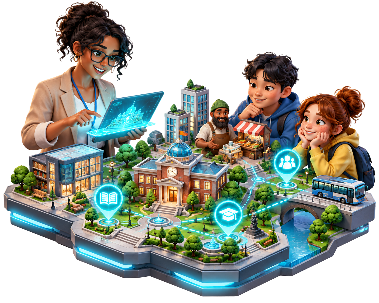 A teacher launching a curriculum scenario into a miniature playable city world