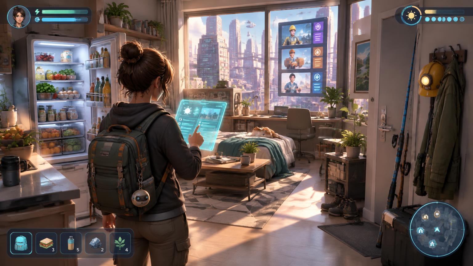 Gameplay concept of a player planning energy, food, inventory and work from an apartment