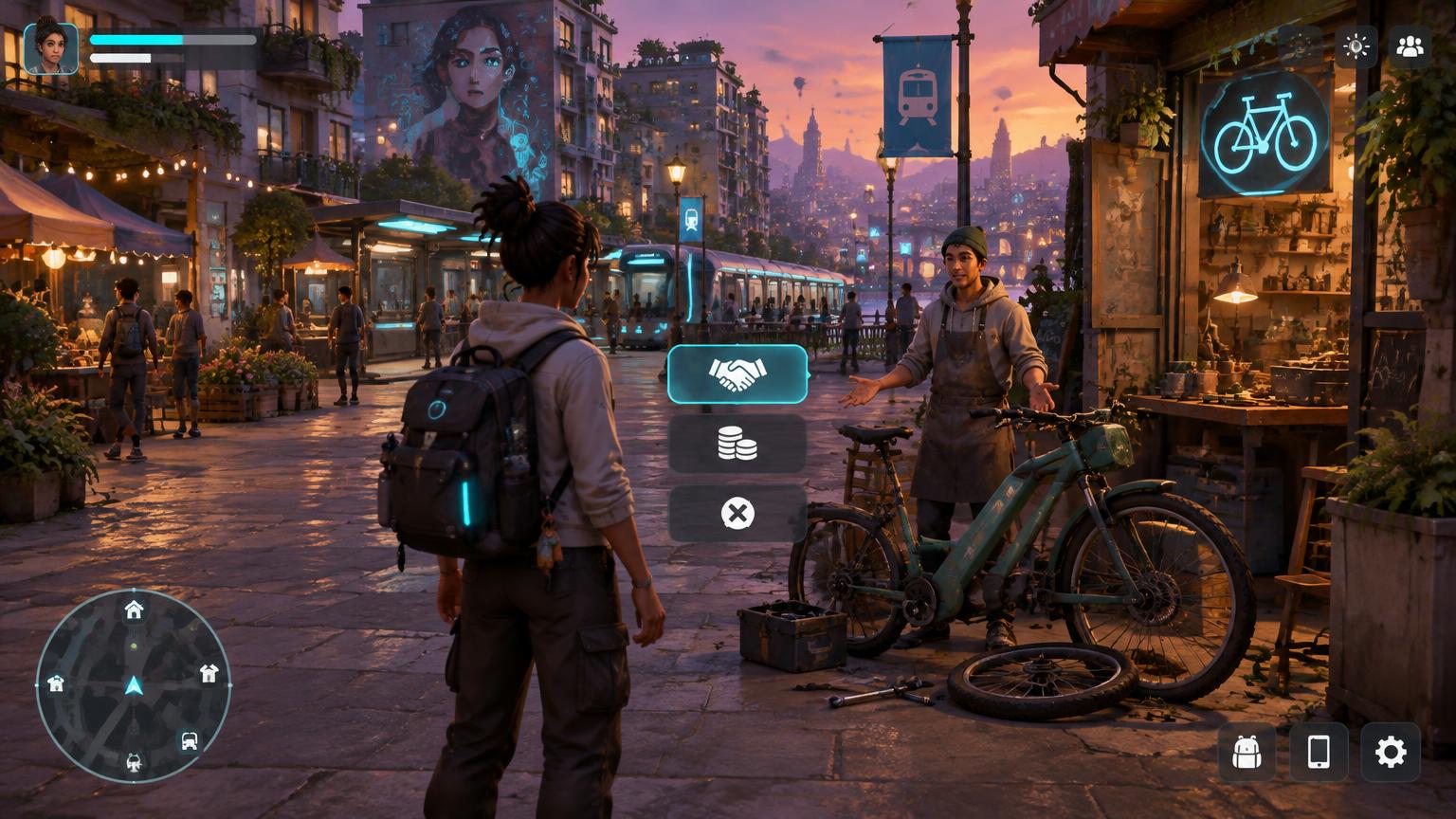 Gameplay concept of a player deciding how to help an NPC with a broken bicycle