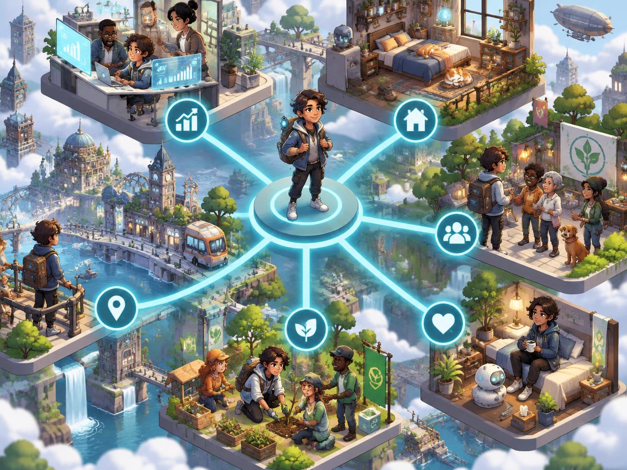 Isometric character progression paths linking careers, home and community
