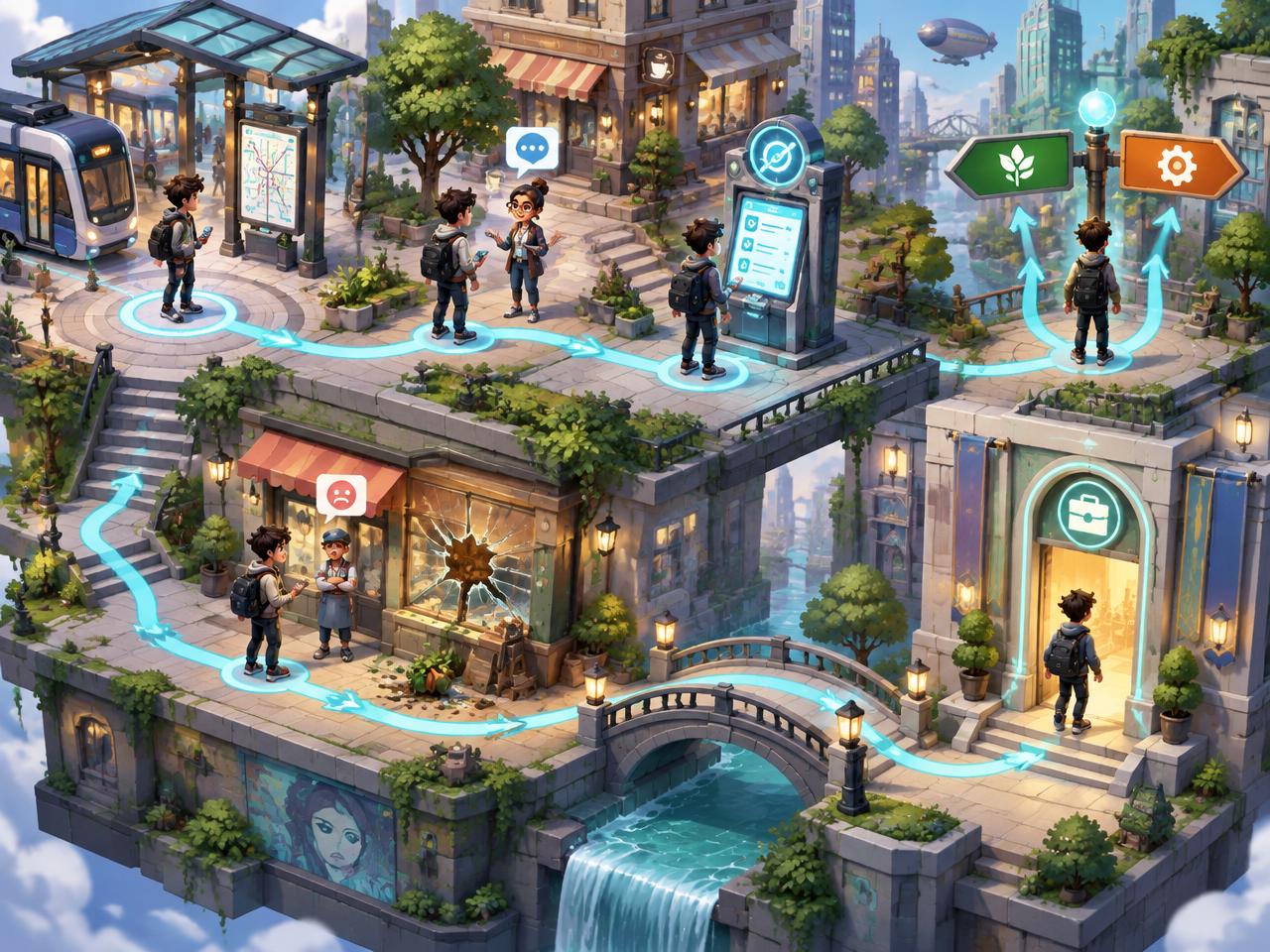 Isometric district path showing the RamQuest gameplay loop