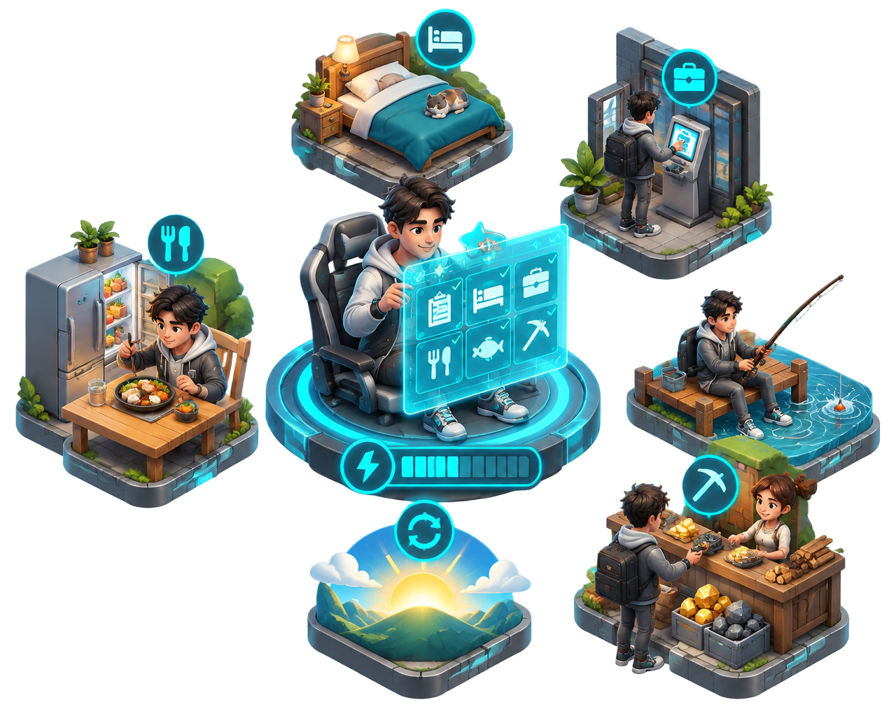 Isometric daily plan connecting work, food, rest, gathering, selling and the next-day reset
