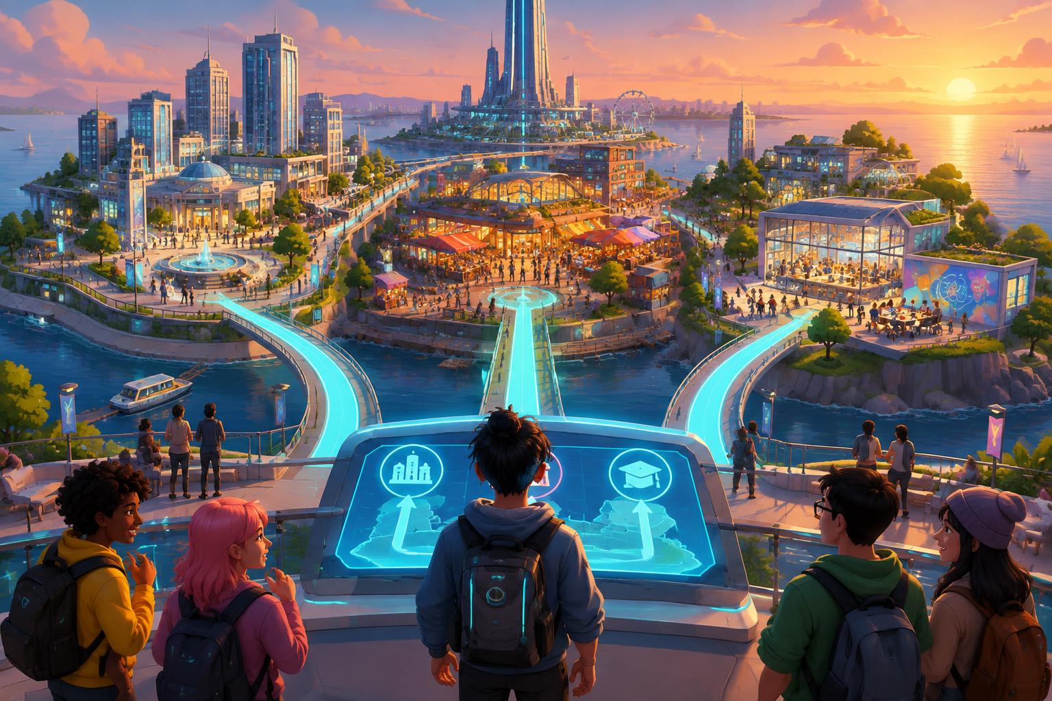 Players choosing routes into Nexus City at sunset