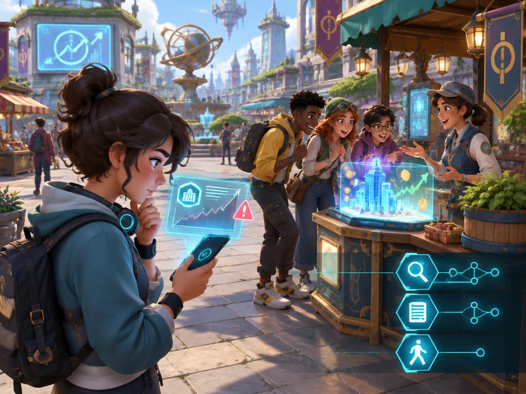 A player researching a market rumor while friends gather nearby