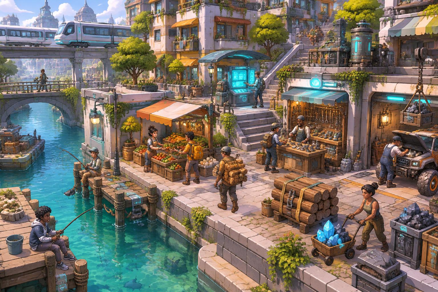 A stylized RamQuest market where work, gathering and everyday costs shape player choices