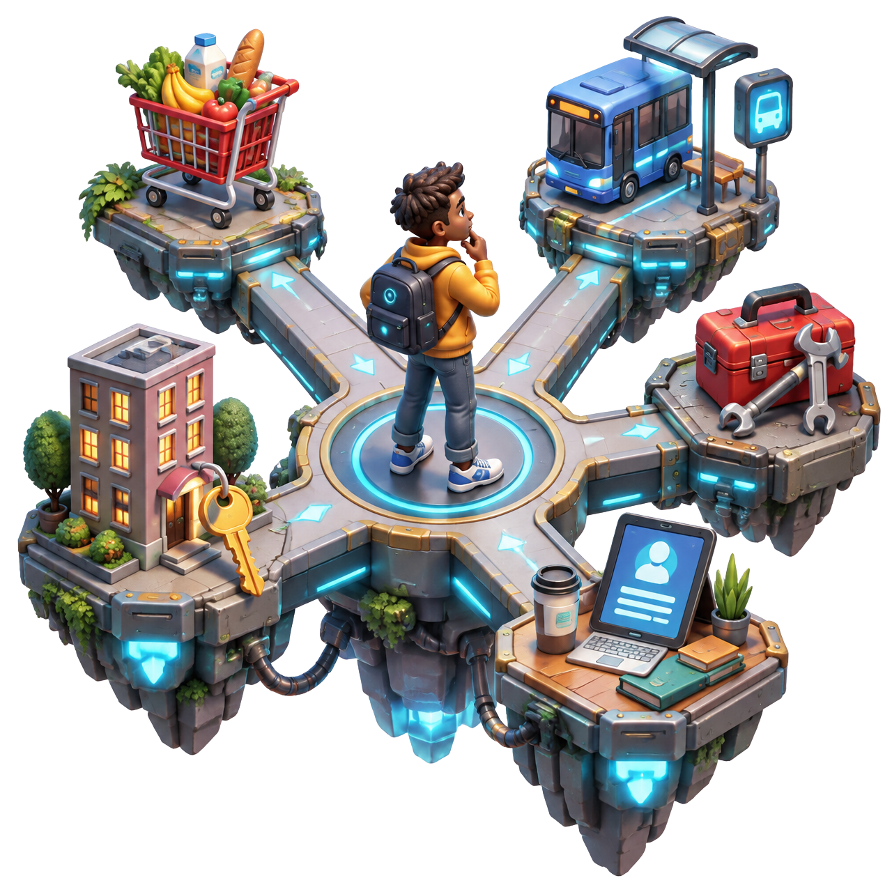 A stylized player choosing between home, groceries, transport, tools and work