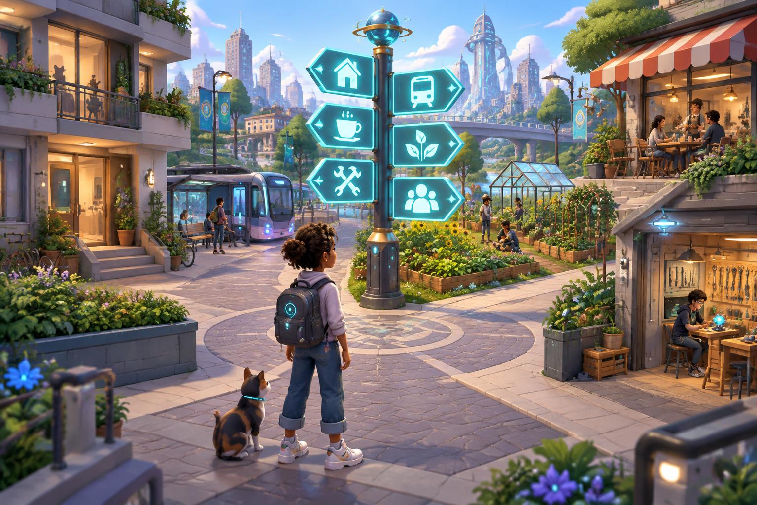 A stylized RamQuest neighborhood where home, work, friends and new routes meet