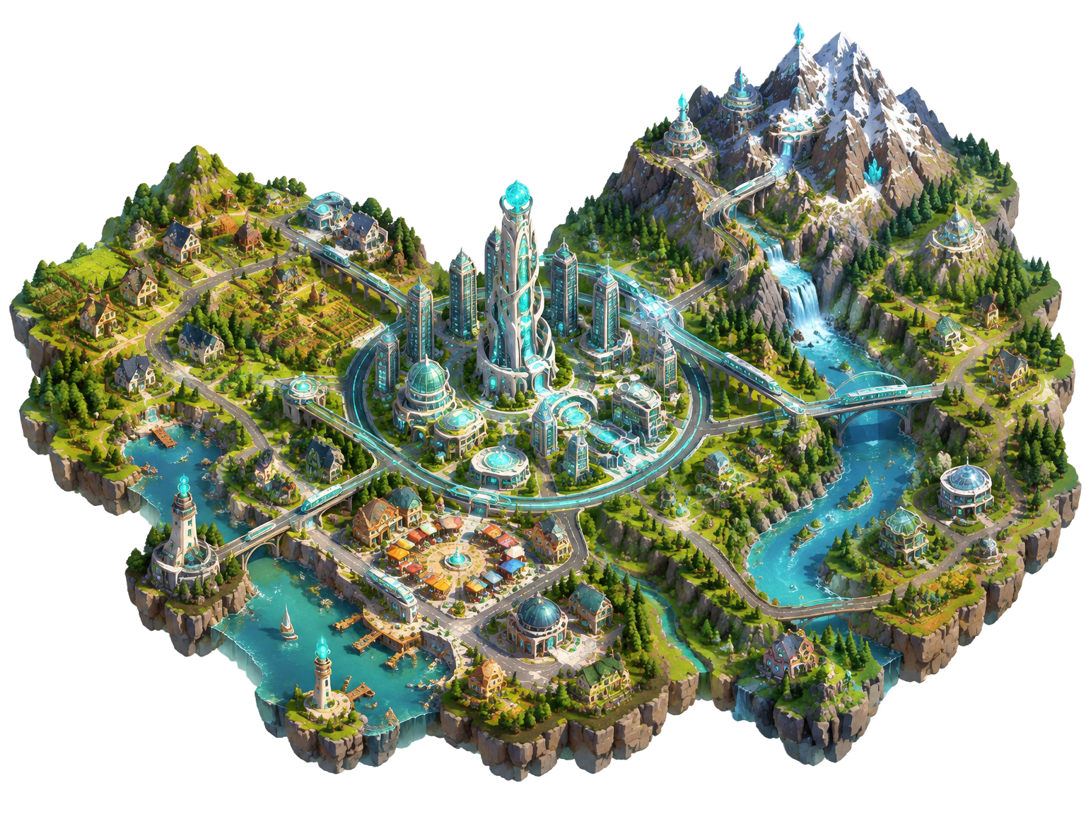 An isometric view of Nexus City connected to countryside, mountains and river valley