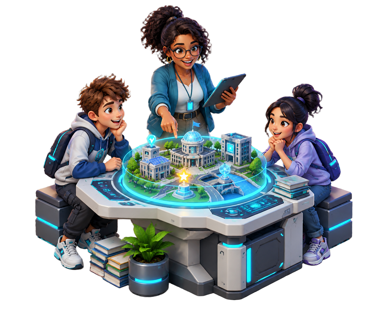 A teacher and students launching a curriculum scenario into a miniature Nexus City