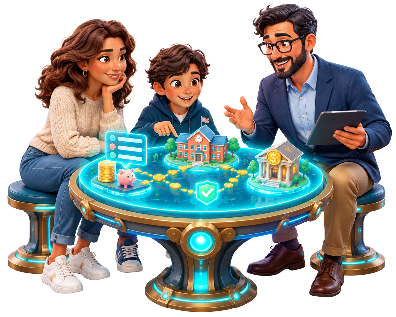 A family and educator exploring simulated money and school scenarios