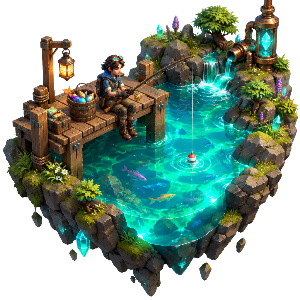 Isometric illustration of life in Riverlight Valley
