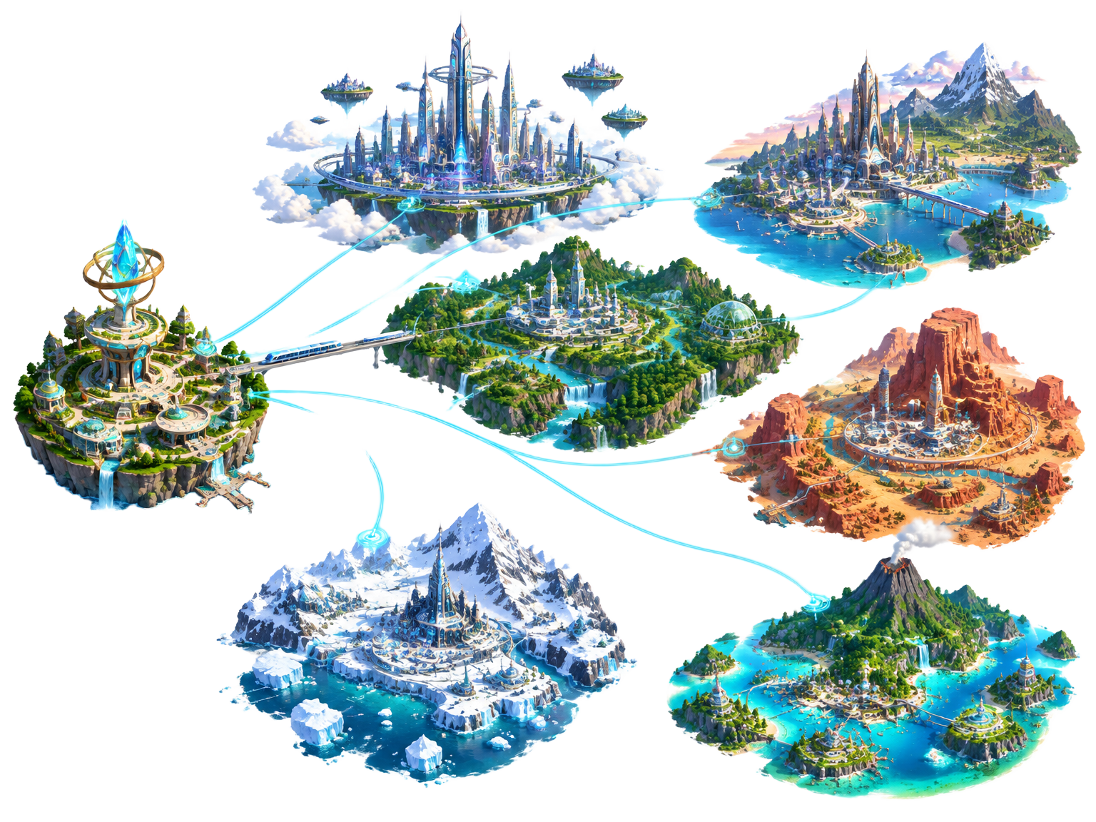 An isometric Nexus City map opening toward future regions and cities
